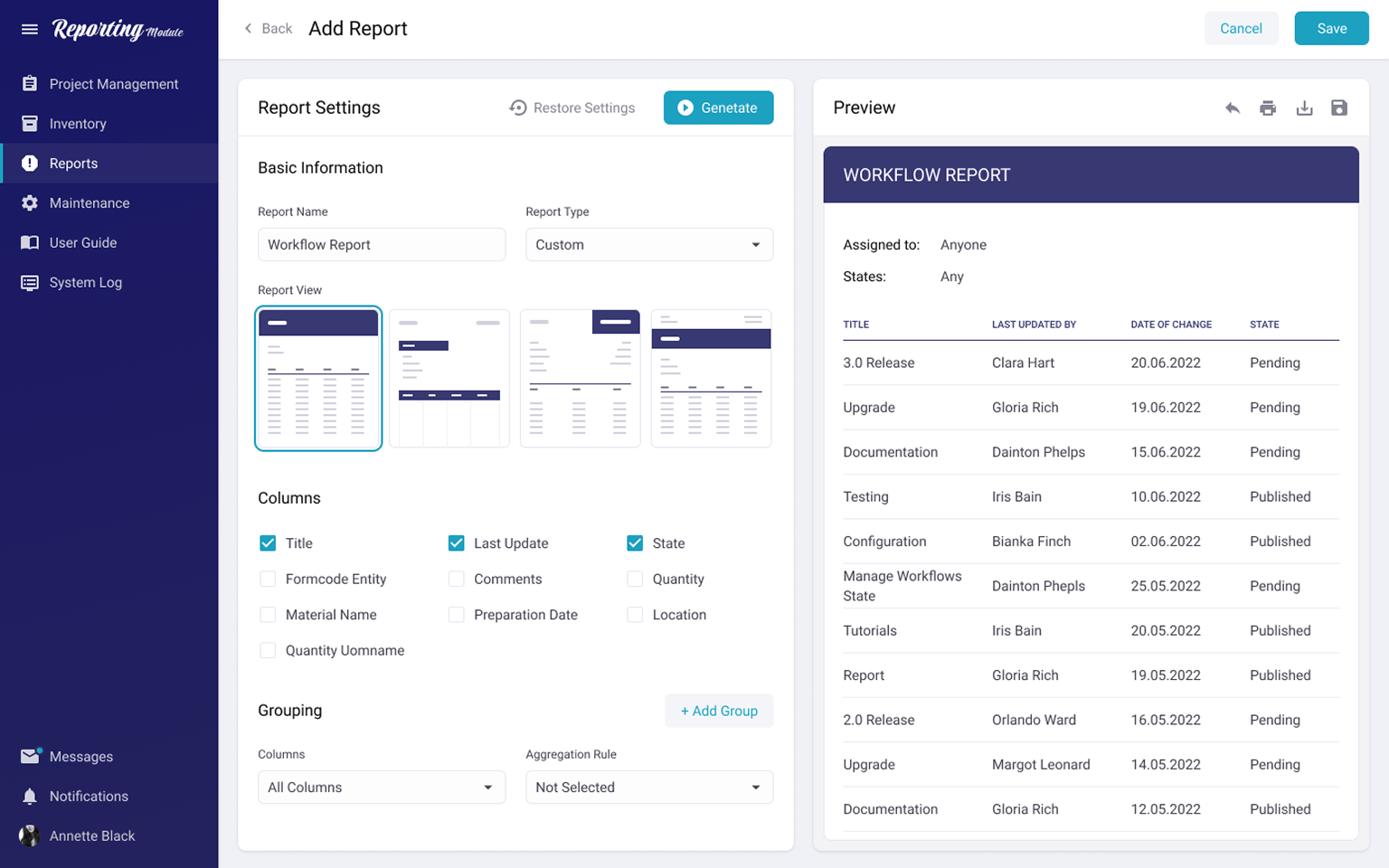 Reporting Module for Project Management Application