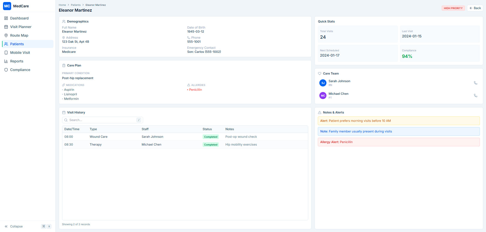 Vibe-coded patient details and visit history with notifications for healthcare management system