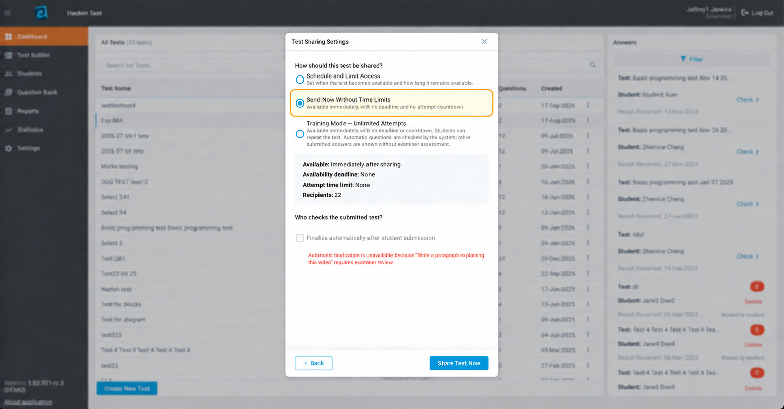 Examarius test sharing options with automatic test finalization