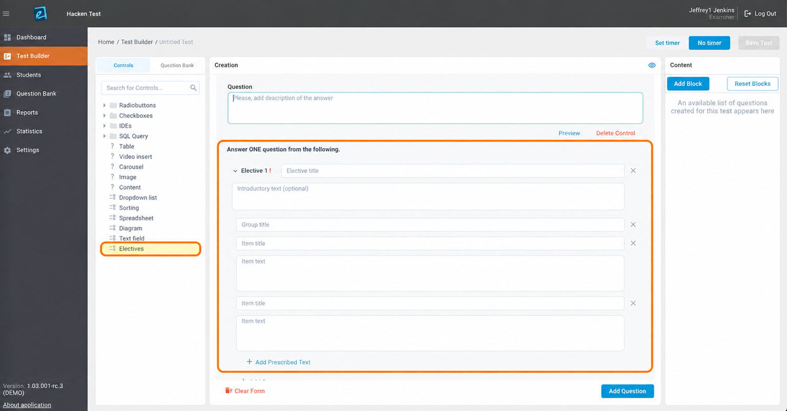 Examarius Test Builder elective questions control