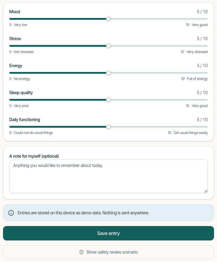 Self-monitoring check-in screen Daily mental health check-in interface with sliders for mood, stress, and sleep