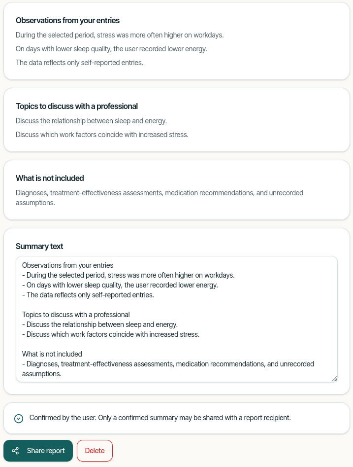 Constrained AI summary preview with scope limits and user confirmation Structured AI summary draft with observations and topics for therapy