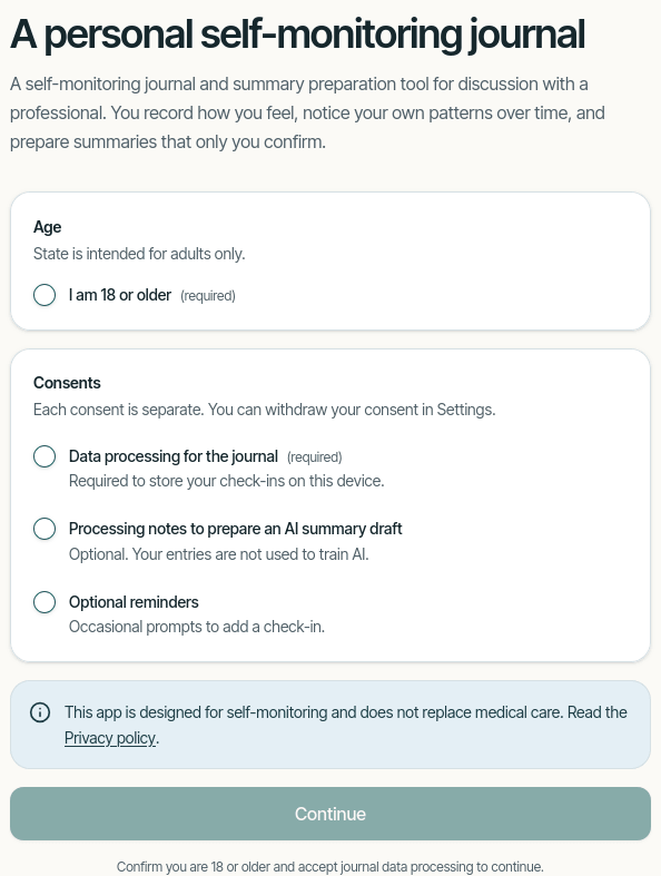 User consent interface for AI processing and data privacy Mental health PWA onboarding screen with user consent options