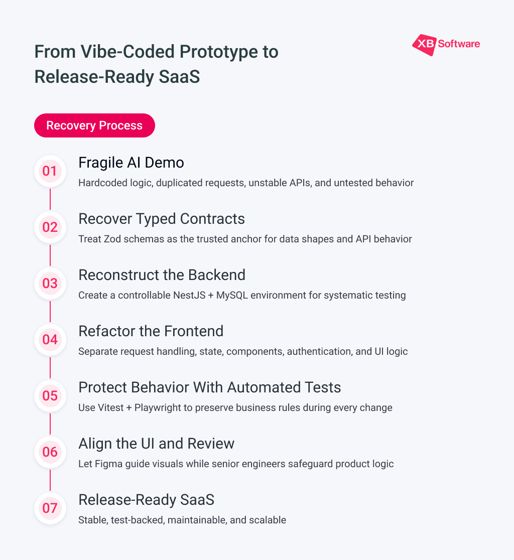Step-by-step plan to stabilize a vibe-coded app 7-step process to turn a vibe-coded prototype into a release-ready SaaS product