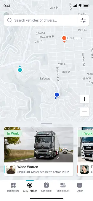 GPS fleet tracking mobile app showing real-time vehicle locations on a map