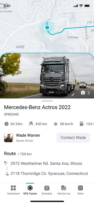 Fleet management mobile app showing vehicle details, status, and tracking data